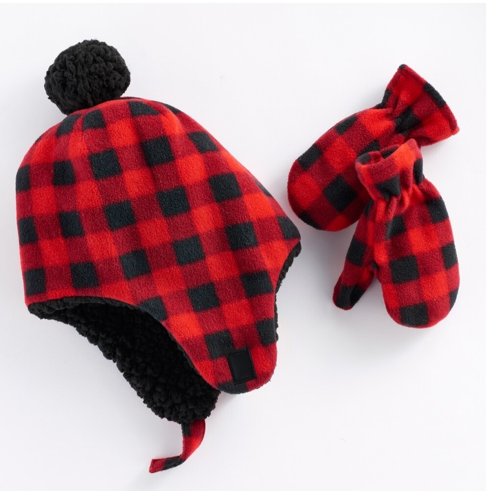 Baby boy plaid fleece hat and mittens 9-18 mo